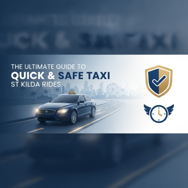 Taxi driving through St Kilda with safety and timely ride icons, promoting quick, reliable, and trusted taxi services.
