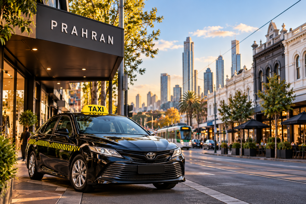Black taxi parked on a Prahran street in Melbourne with city buildings in the background.