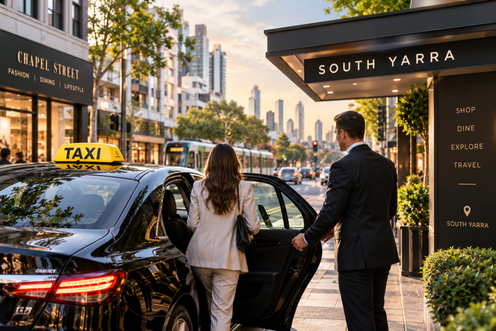 South Yarra taxi service with a passenger entering a black cab near Chapel Street in Melbourne.